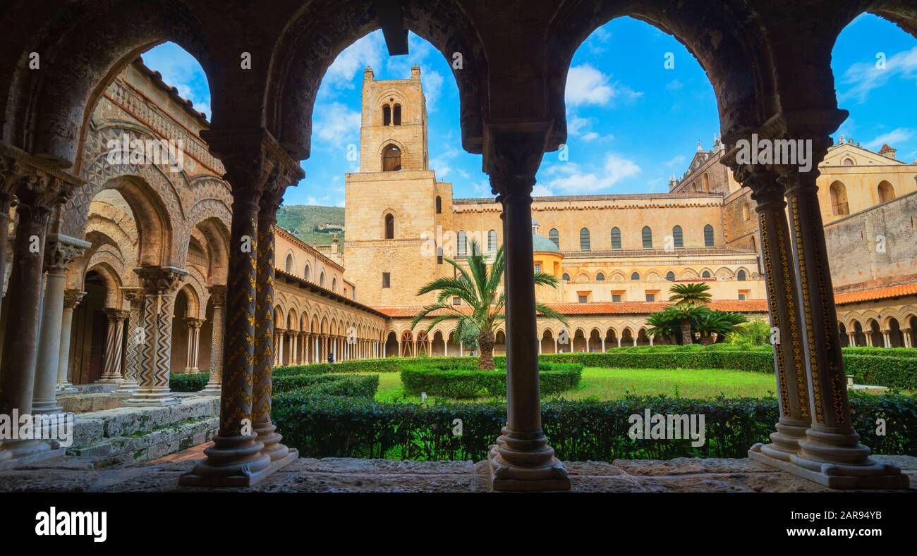 Cloister, Cathedral of Monreale, Monreale, Palermo, Sicily, Italy ...