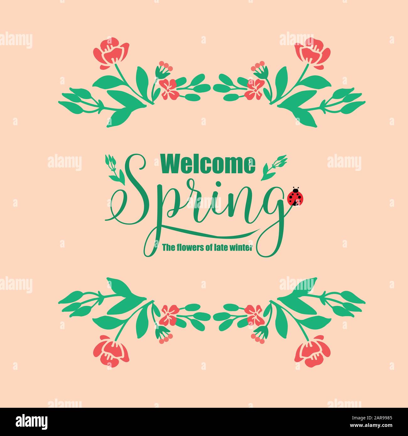 Modern welcome spring greeting card design, with elegant leaf and ...