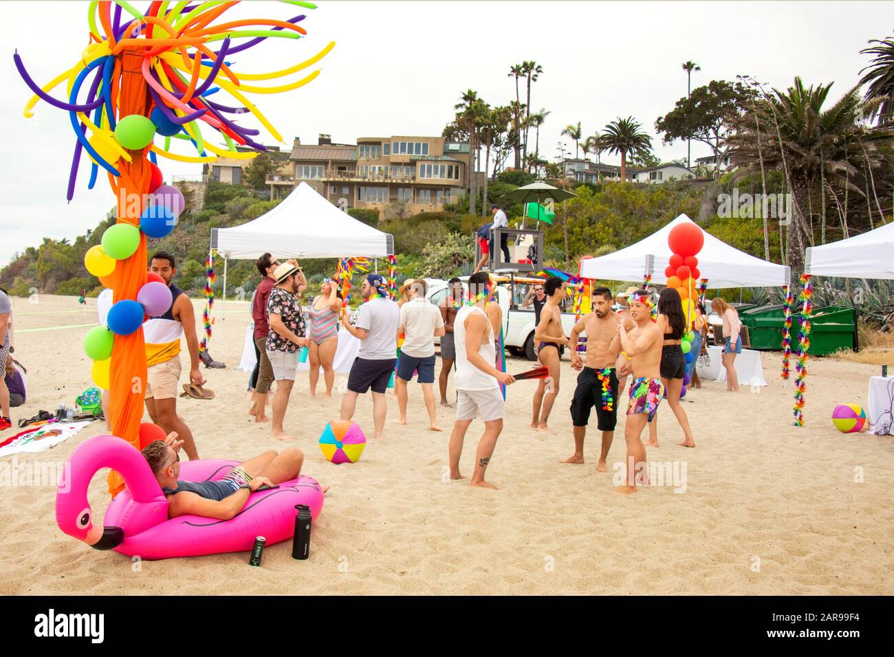 A colorful tree and an inflatable pink flamingo are among the amenities of a gay pride beach party in Laguna Beach, CA. Stock Photo