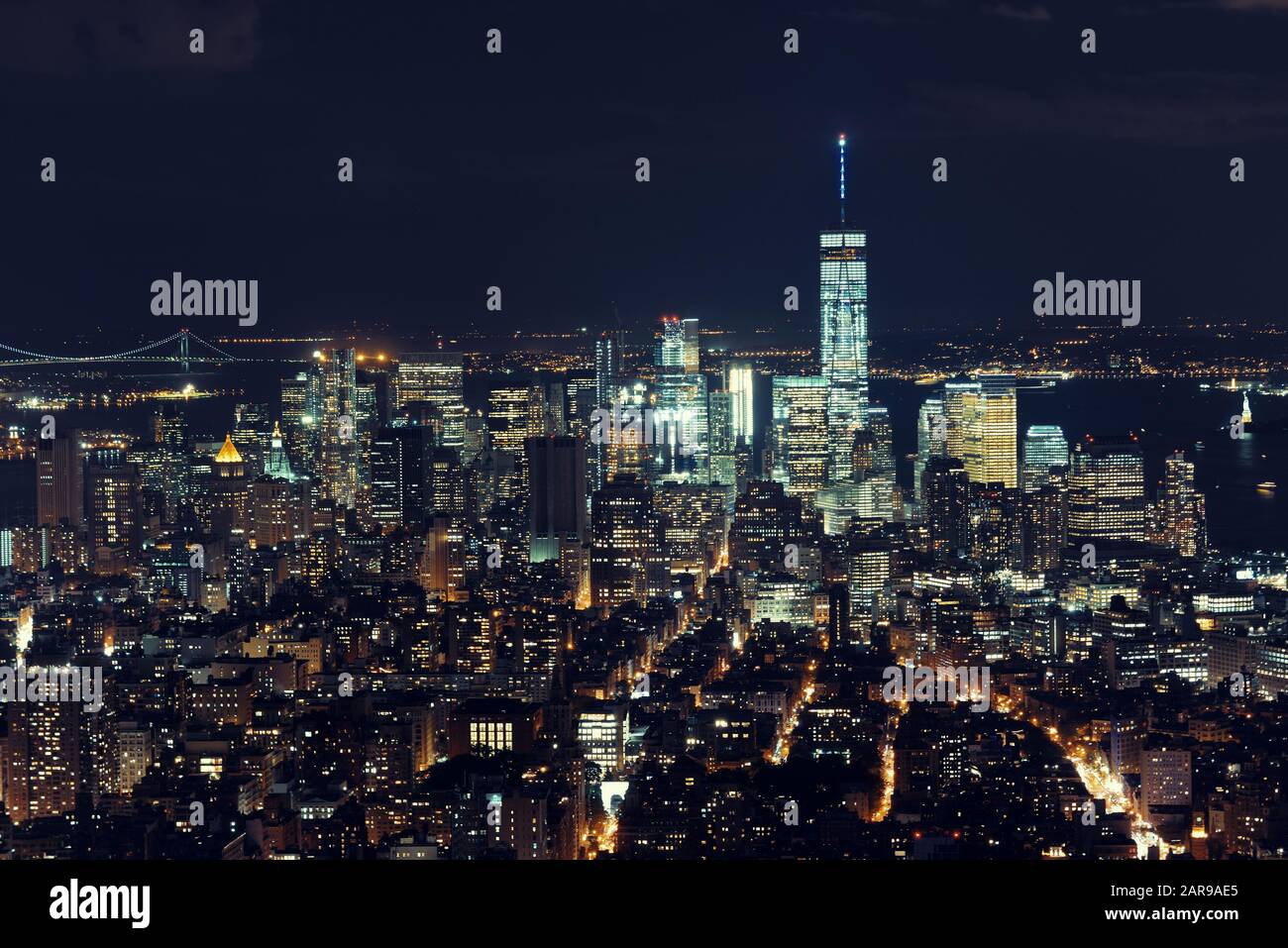 New York City downtown skyline view at night Stock Photo - Alamy