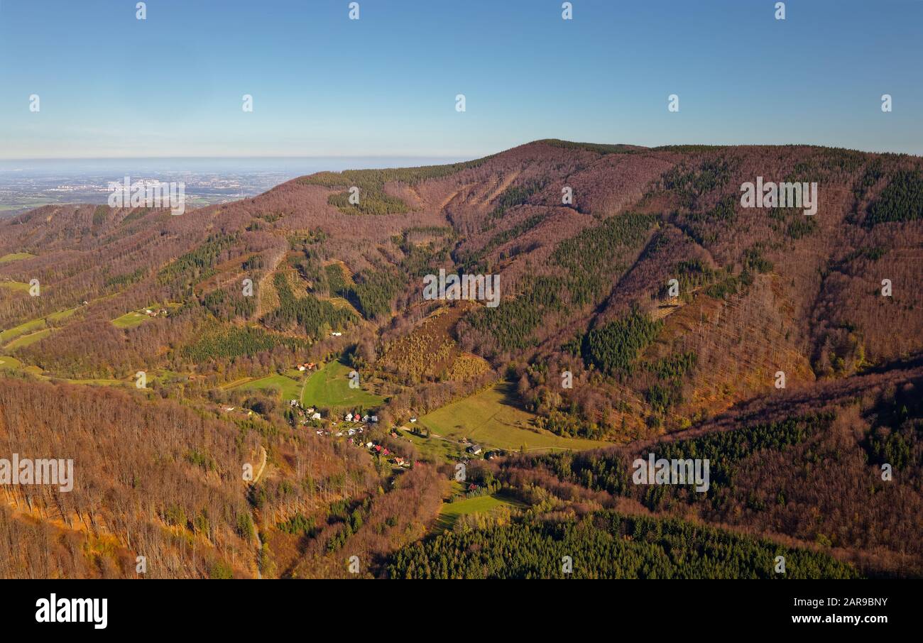 Landscape of the Beskydy mountains forests destroyed by European spruce bark beetle (Ips typographus), weevil subfamily Scolytinae, its outbreaks are Stock Photo