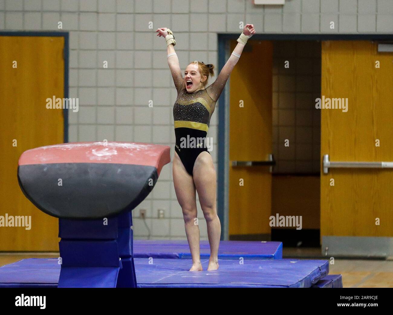 Denton, TX, USA. 26th Jan, 2020. A Lindenwood gymnast celebrates her