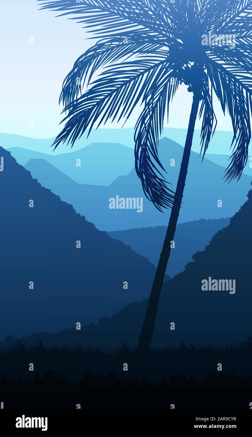 Natural Coconut trees mountains horizon hills silhouettes of trees and