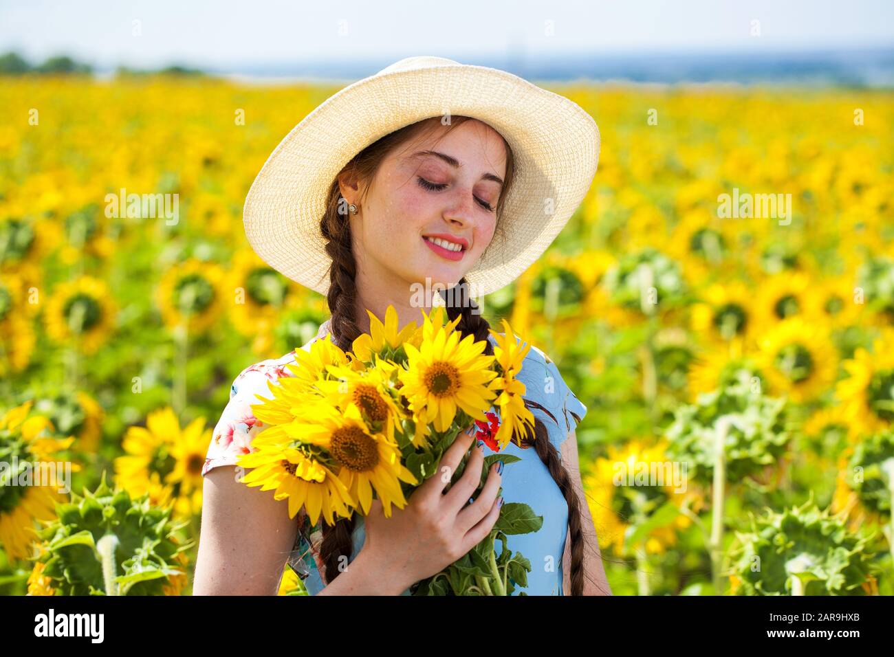 Close up portrait of a young beautiful girl in a field of sunflowers ...