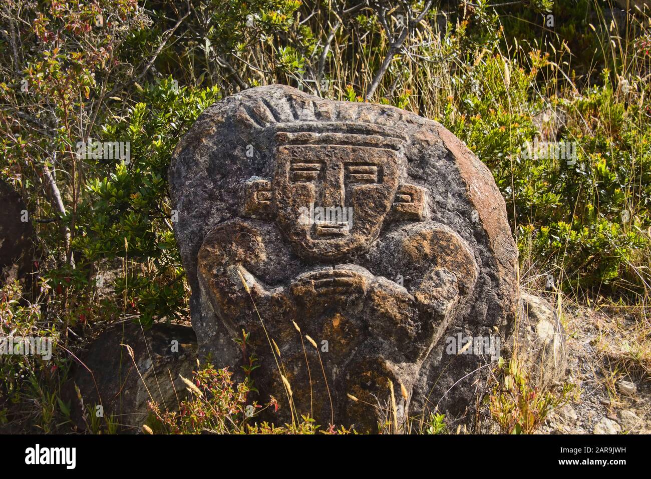 Muisca indigenous stone figure on the Páramo de Oceta trek, Monguí, Boyaca, Colombia Stock Photo