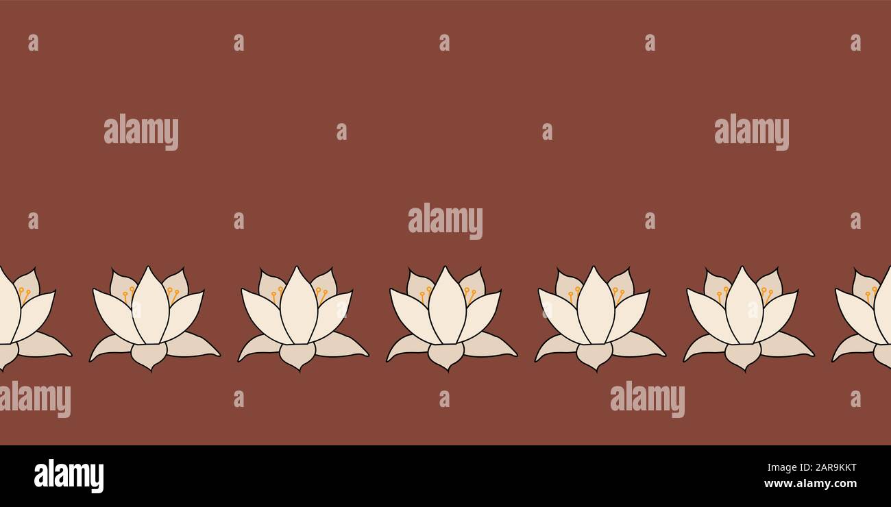 Lotus Flowers white creating Border Lily flower on brown background seamless vector repeat surface pattern Stock Vector