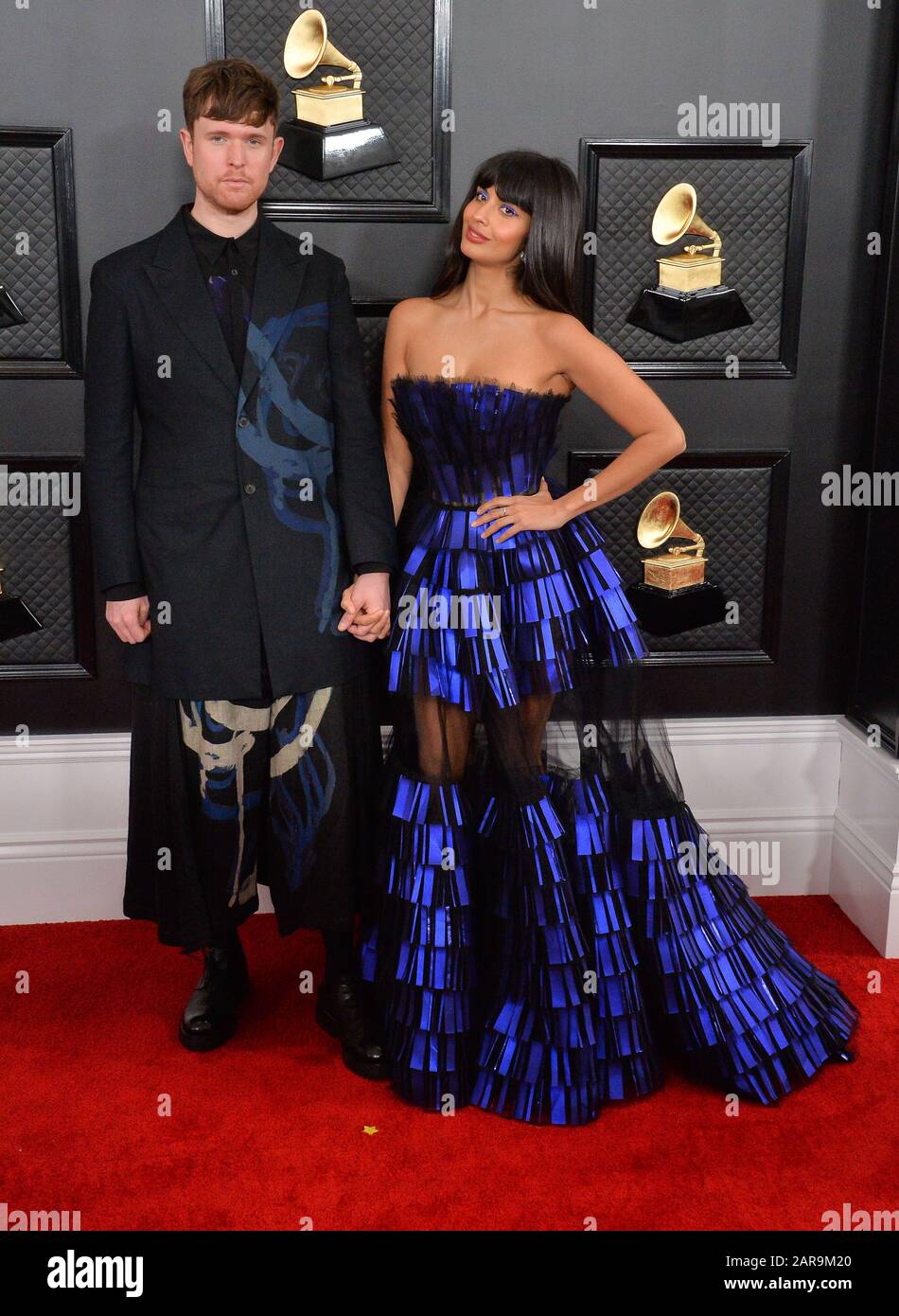 Los Angeles, USA. 26th Jan 2020. (L-R) James Blake and Jameela Jamil arrive for the 62nd annual Grammy Awards held at Staples Center in Los Angeles on Sunday, January 26, 2020. Photo by Jim Ruymen/UPI Credit: UPI/Alamy Live News Stock Photo