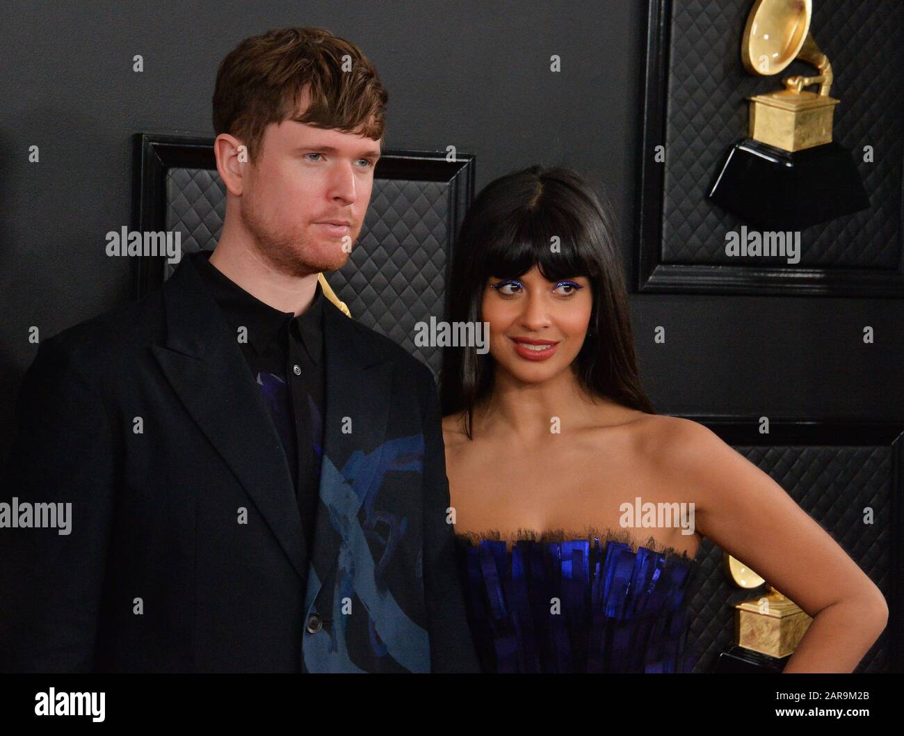 Los Angeles, USA. 26th Jan 2020. (L-R) James Blake and Jameela Jamil arrive for the 62nd annual Grammy Awards held at Staples Center in Los Angeles on Sunday, January 26, 2020. Photo by Jim Ruymen/UPI Credit: UPI/Alamy Live News Stock Photo