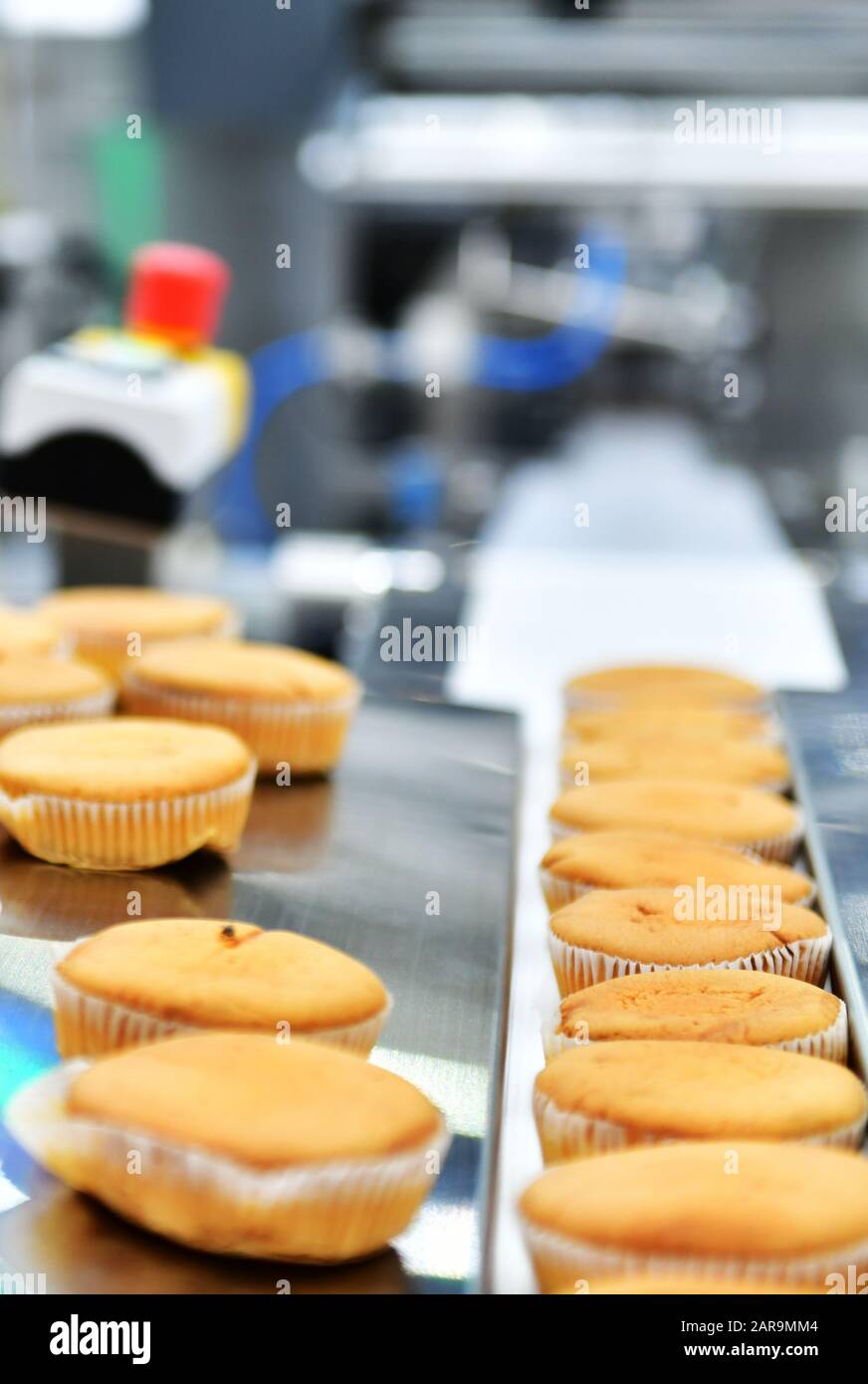 Automatic bakery muffins production line on conveyor belt equipment machinery in factory, industrial food production Stock Photo
