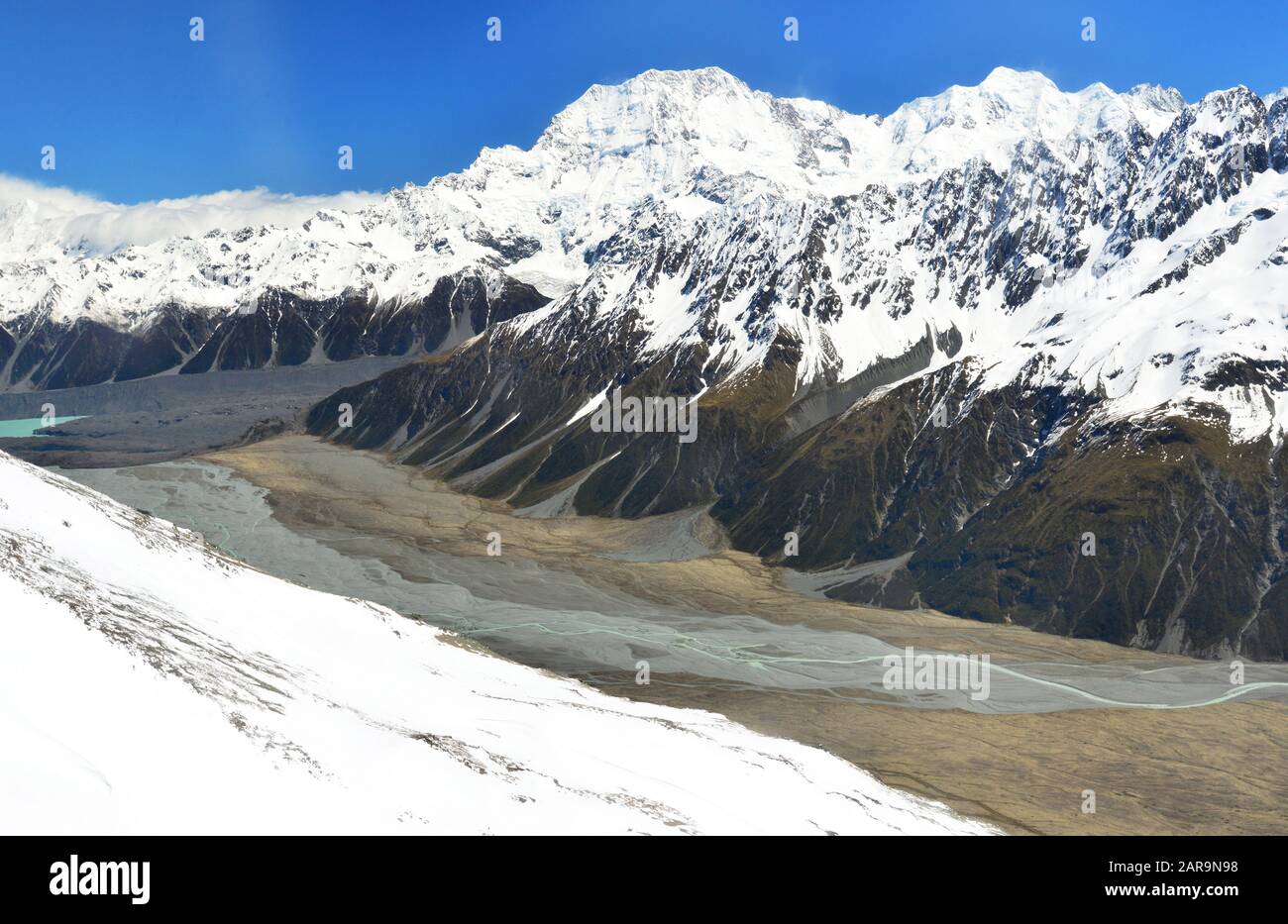 Landscape of Aoraki Mount Cook National Park from helicopter,New Zealand Stock Photo