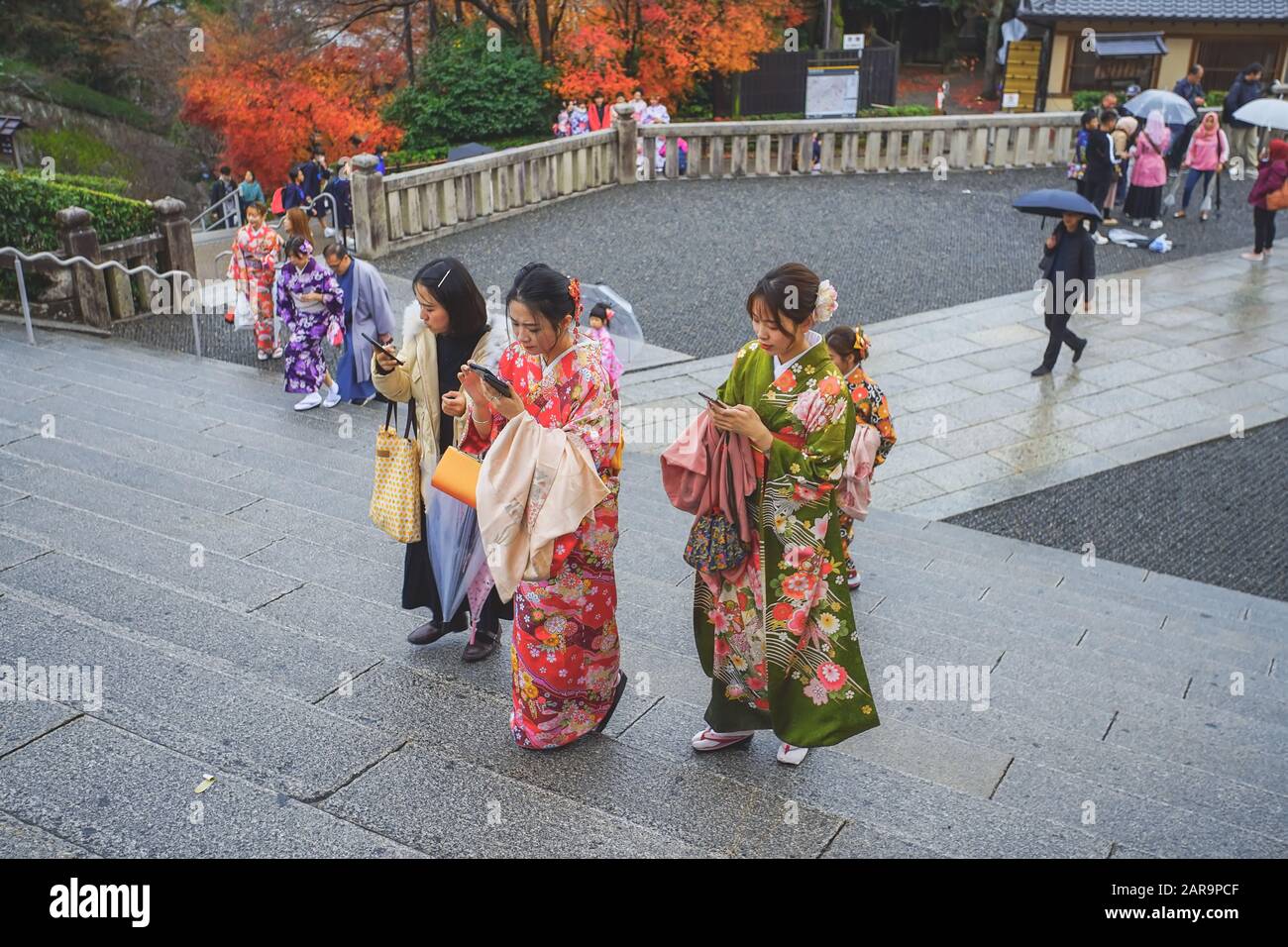 Kyoto, Japan - December 17, 2019 : Asian women with Kimono dressing in Kiyomizu-dera Temple, Kyoto, Japan. Stock Photo