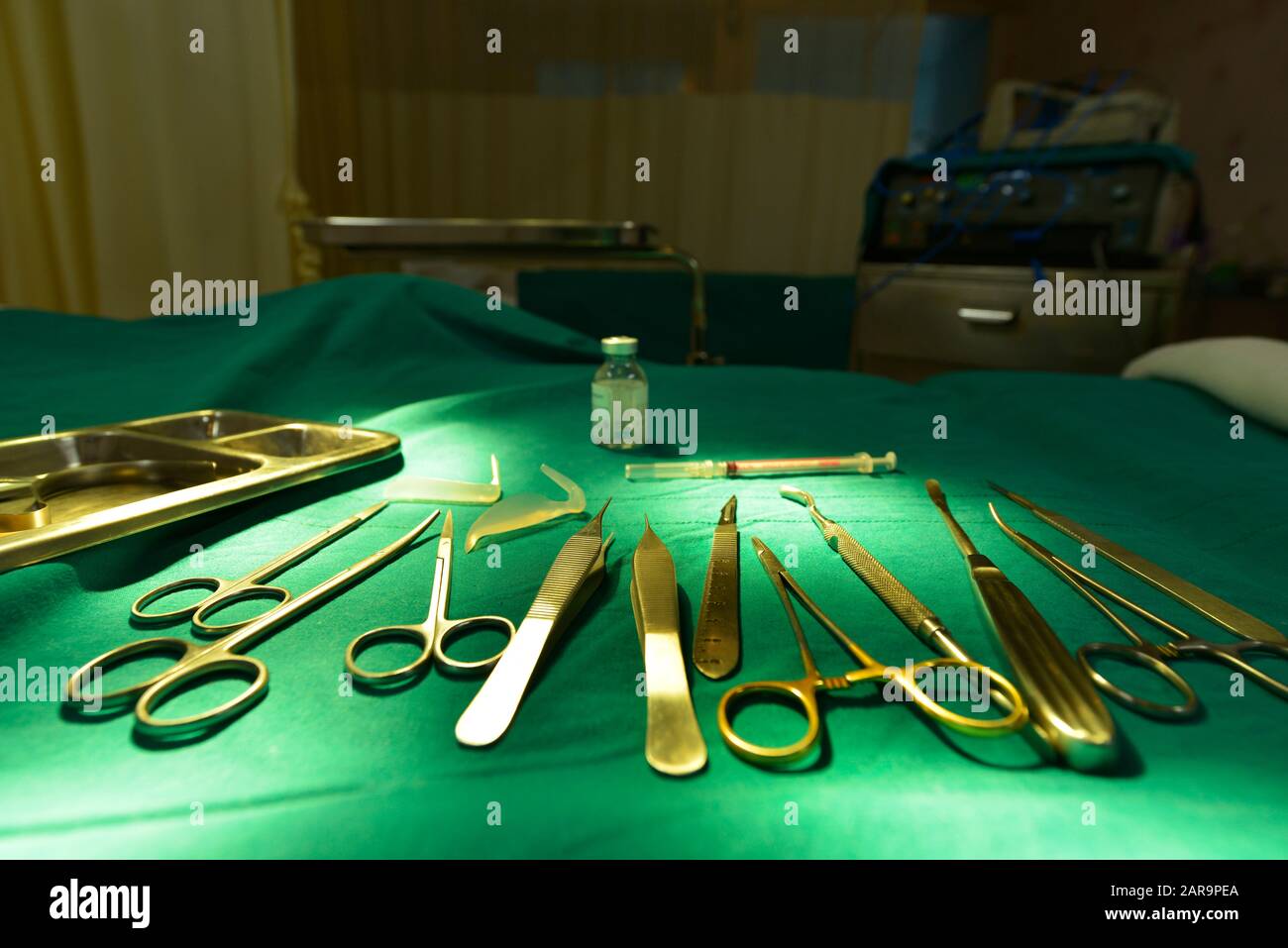 Surgical instruments, silicone nasal implants in operating room. Stock Photo