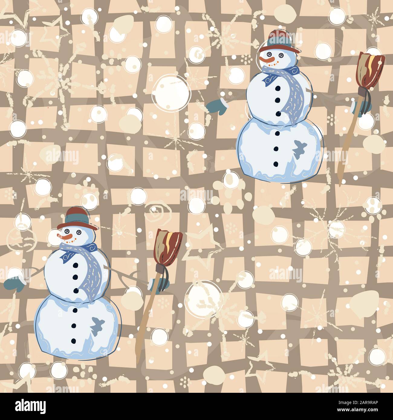 Seamless Pattern with snowman on green background. Vector Illustration Stock Vector