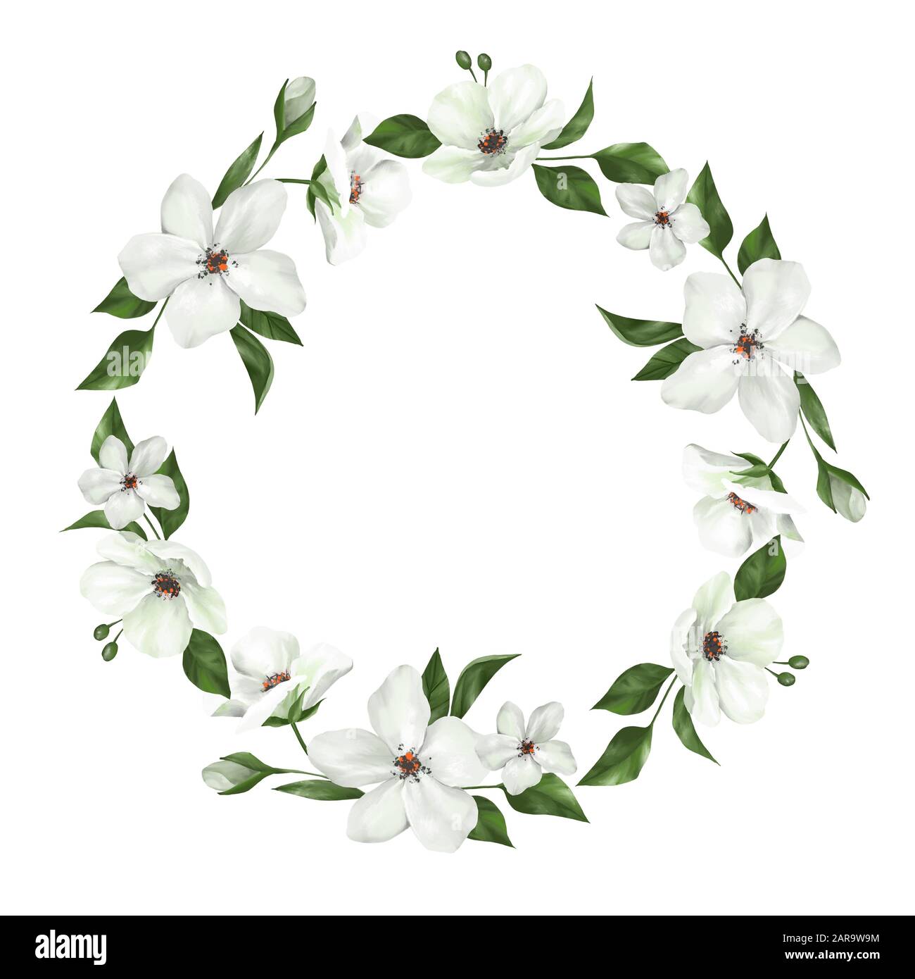 White Design Round Frame Wedding Greenery Banner Apple Flowers Stock Photo Alamy