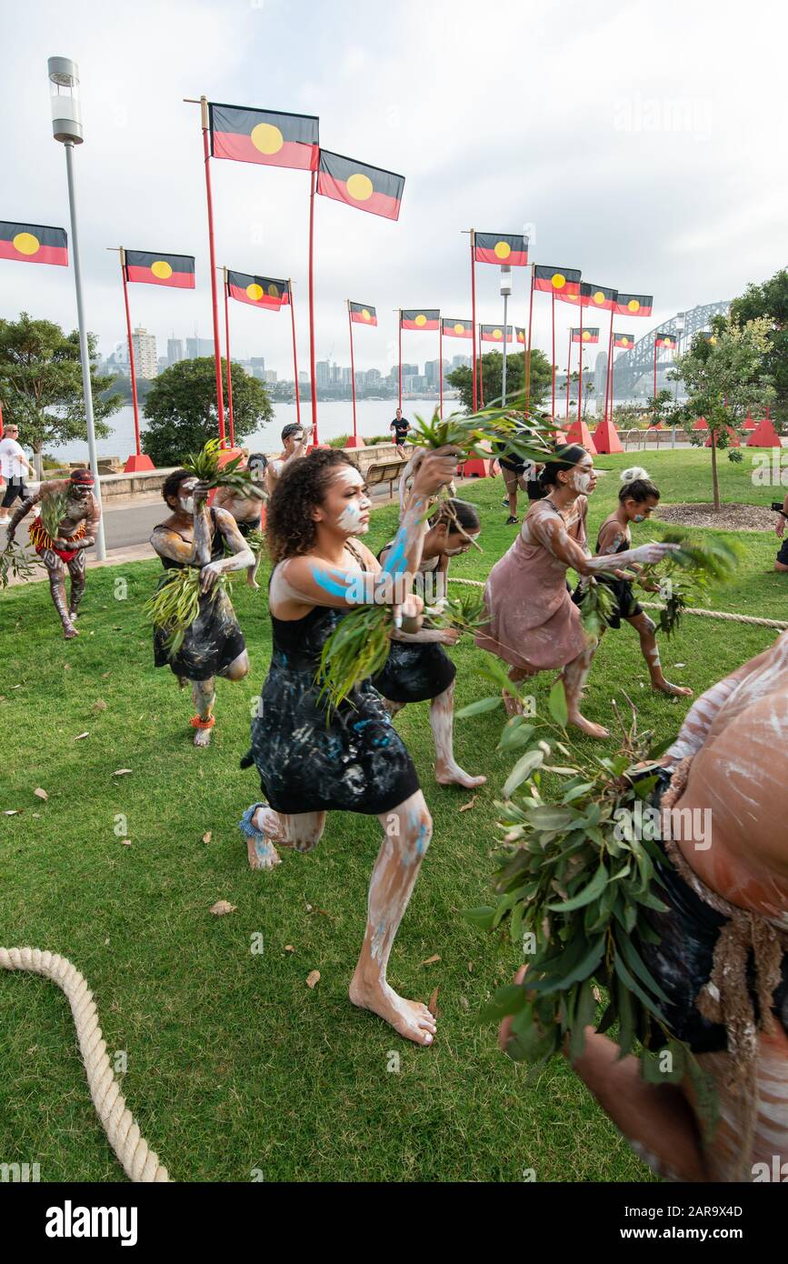 Description:  Sydney, NSW, Australia, Jan 26, 2020: Australians celebrate the world’s oldest living culture at Barangaroo Reserve, Sydney. Stock Photo