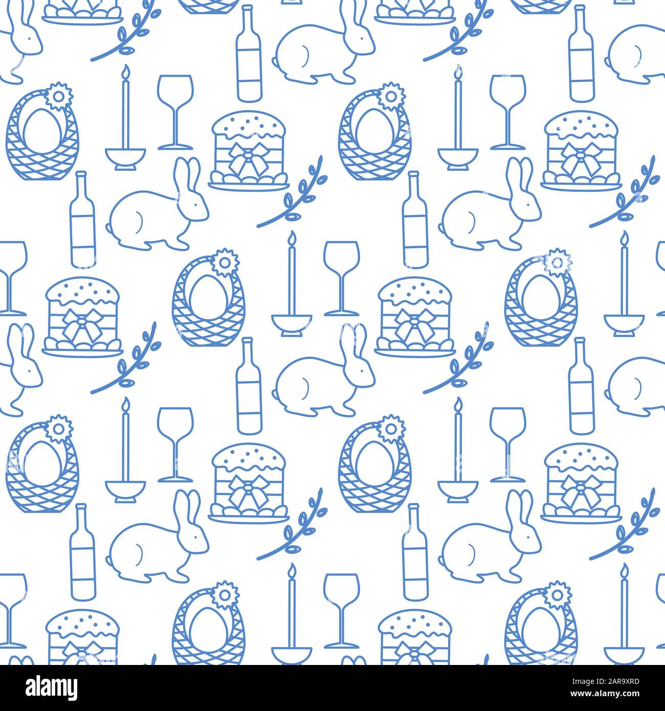 Vector seamless pattern Happy Easter. Candle, Easter cake, egg in basket, bunny, pussy-willow twig, bottle, glass. Festive background. Design for pack Stock Vector