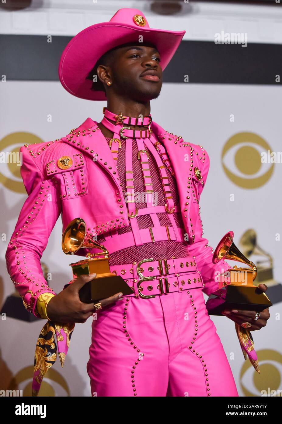 Los Angeles, CA, USA. 26th Jan 2020. Lil Nas X appears backstage with his  awards for Best Pop Duo/Group Performance for 'Old Town Road' and Best  Music Video for 'Old Town Road (