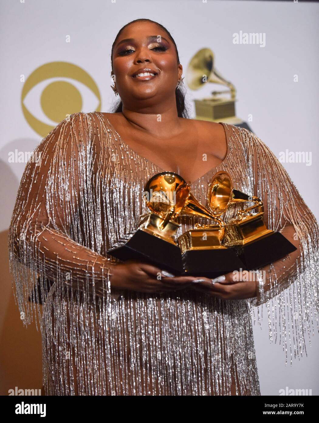 Los Angeles, CA, USA. 26th Jan 2020. Lizzo appears backstage with her award for Best Traditional R&B Performance for 'Jerome' and Best Urban Contemporary Album award for 'Cuz I Love You (Deluxe), ' during the 62nd annual Grammy Awards held at Staples Center in Los Angeles on Sunday, January 26, 2020 . Photo by Christine Chew/UPI Credit: UPI/Alamy Live News Stock Photo