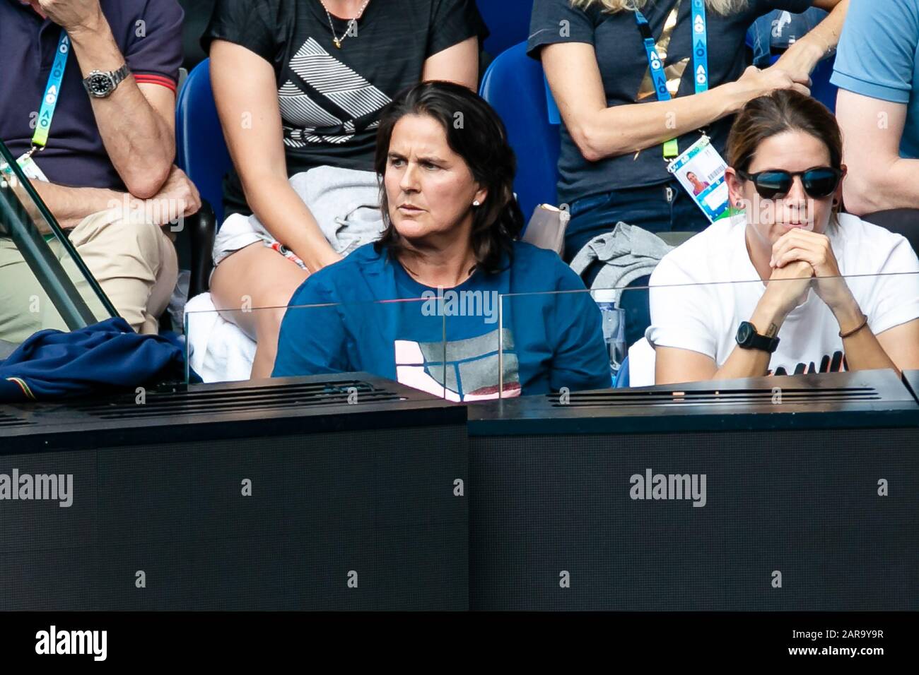 Melbourne, Australia. 27th Jan, 2020. Conchita Martinez, coach of Garbine Muguruza from Spain, is sitting in the players box during Muguruzas 4th round match at the 2020 Australian Open Grand Slam tennis tournament in Melbourne, Australia. Frank Molter/Alamy Live news Stock Photo