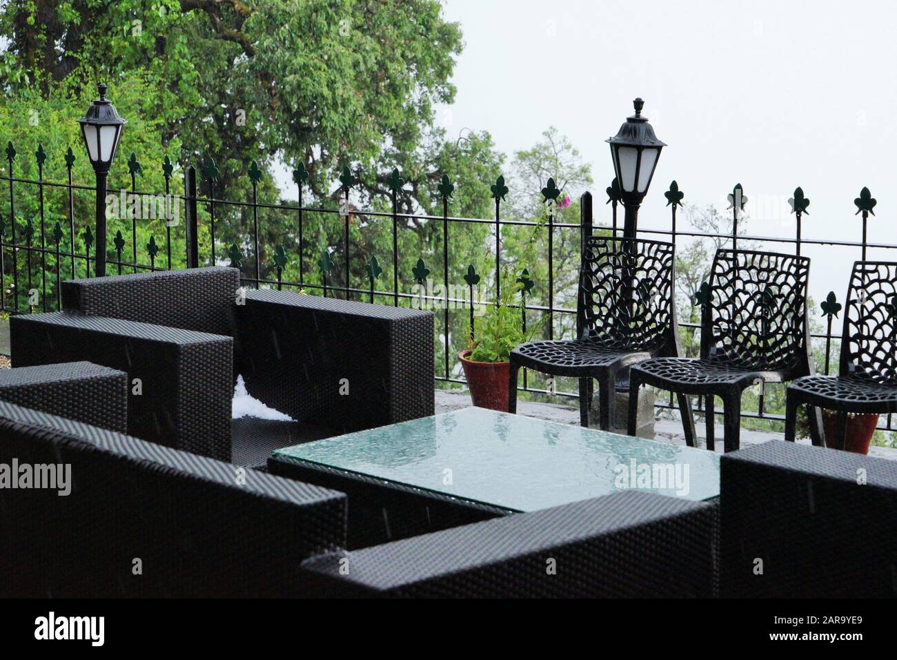 Wrought Iron Chairs, Rokeby Manor garden, Landour, Mussoorie, Uttarakhand, India, Asia Stock Photo