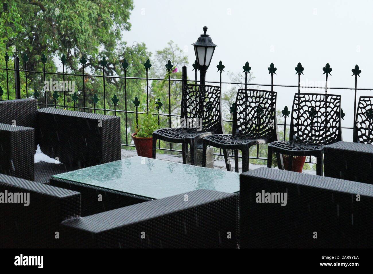 Wrought Iron Chairs, Rokeby Manor garden, Landour, Mussoorie, Uttarakhand, India Stock Photo