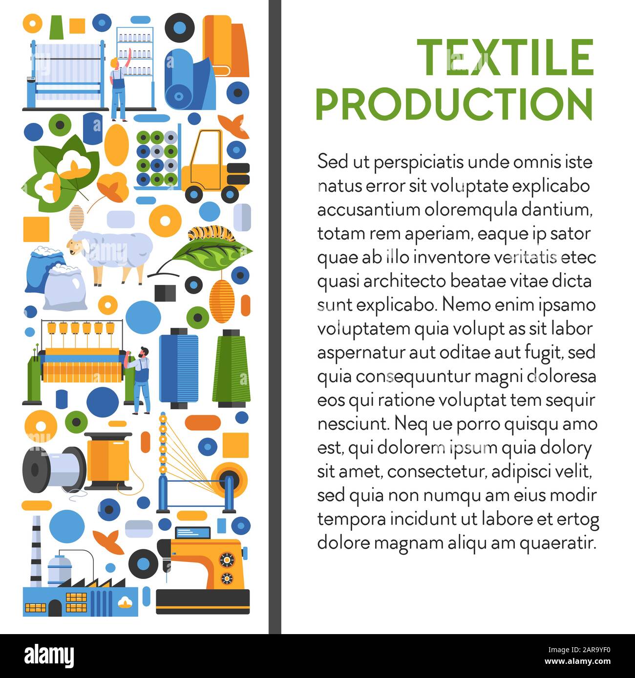 Textile production factory banner, cotton and wool or silk Stock Vector