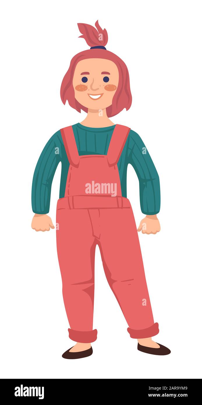 Redhead little toddler girl with ponytail wearing overalls Stock Vector