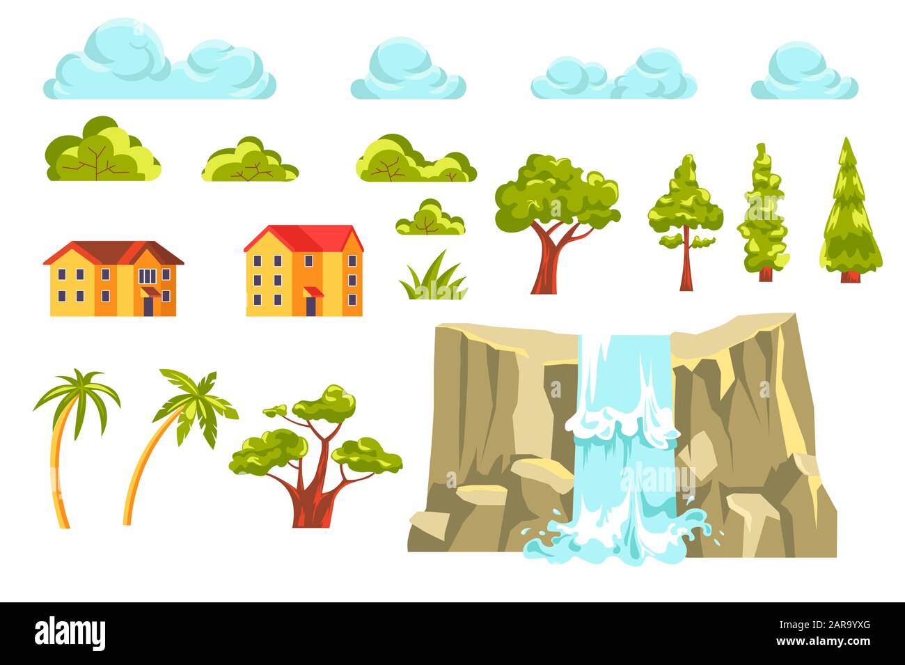Landscape constructor set with trees and waterfall Stock Vector
