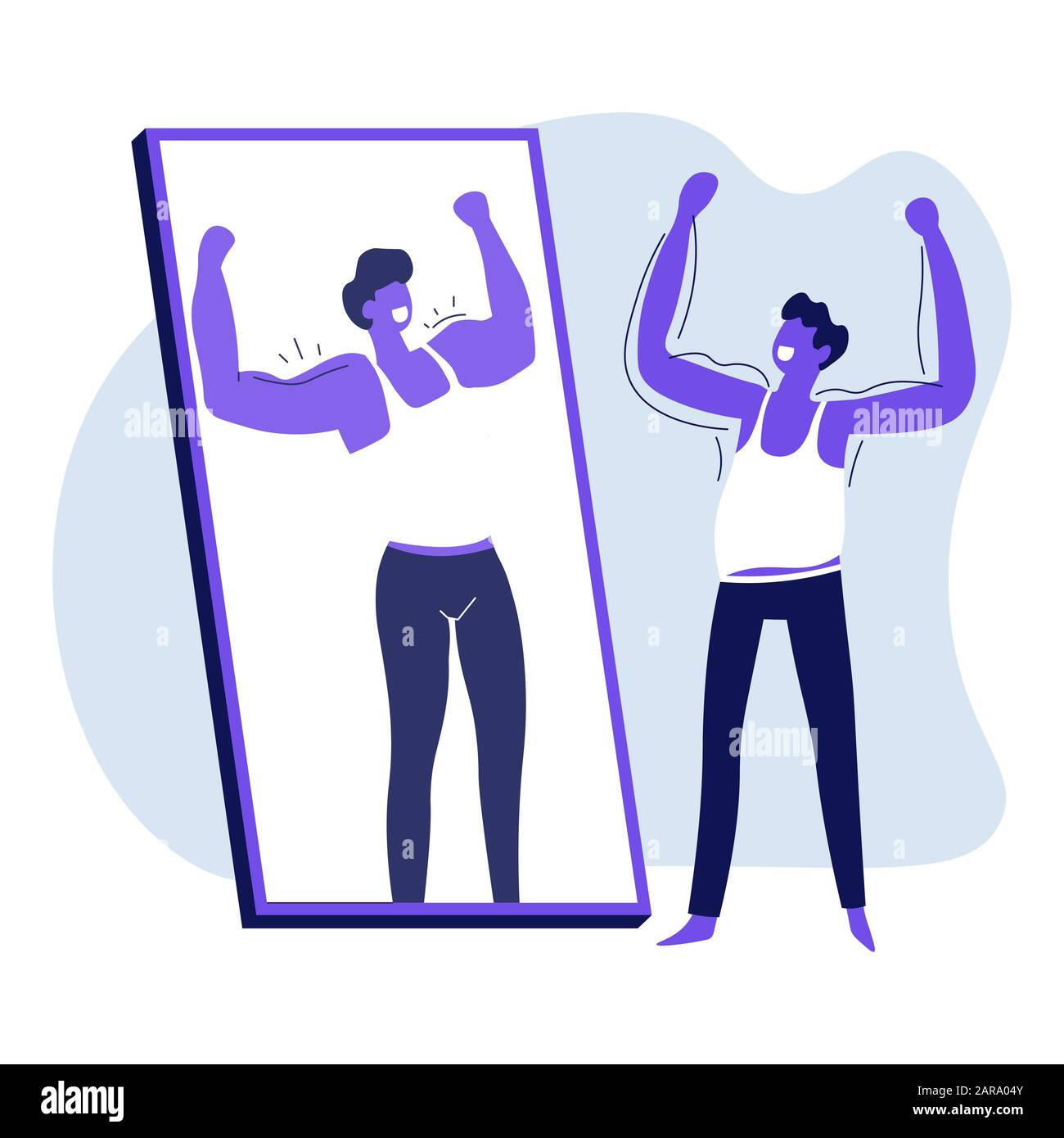 Mirror reflection, man dreaming about bodybuilder figure Stock Vector