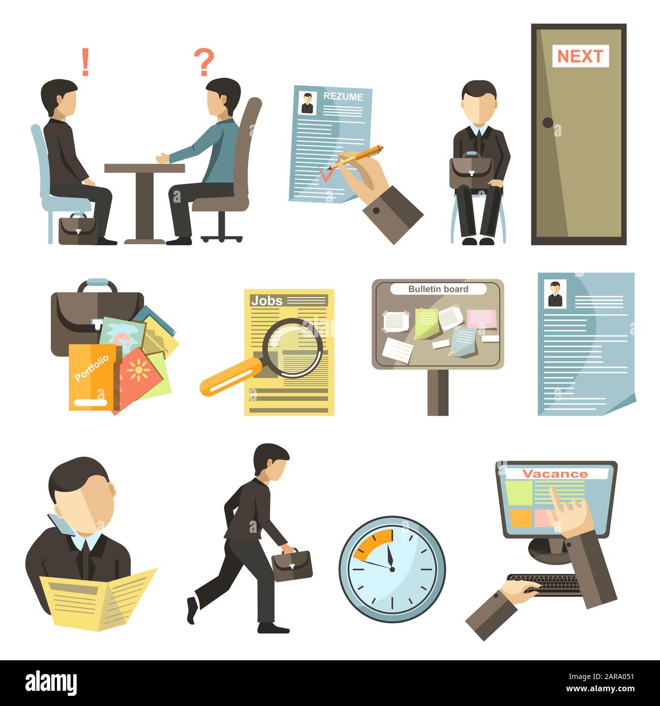 Person applying for job vacancy and job interview icons set Stock Vector