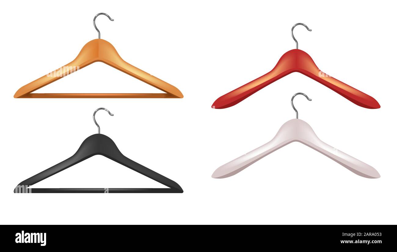 Wooden clothes hangers set with metal hooks in different colors Stock Vector