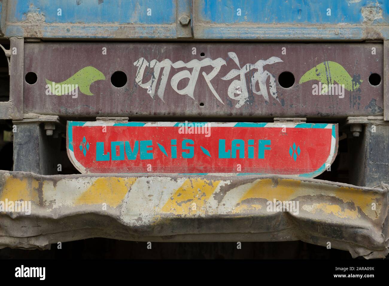 Misspelled truck sign, Love is Life, Sitla Estate, Nainital, Kumaon, Uttarakhand, India, Asia Stock Photo