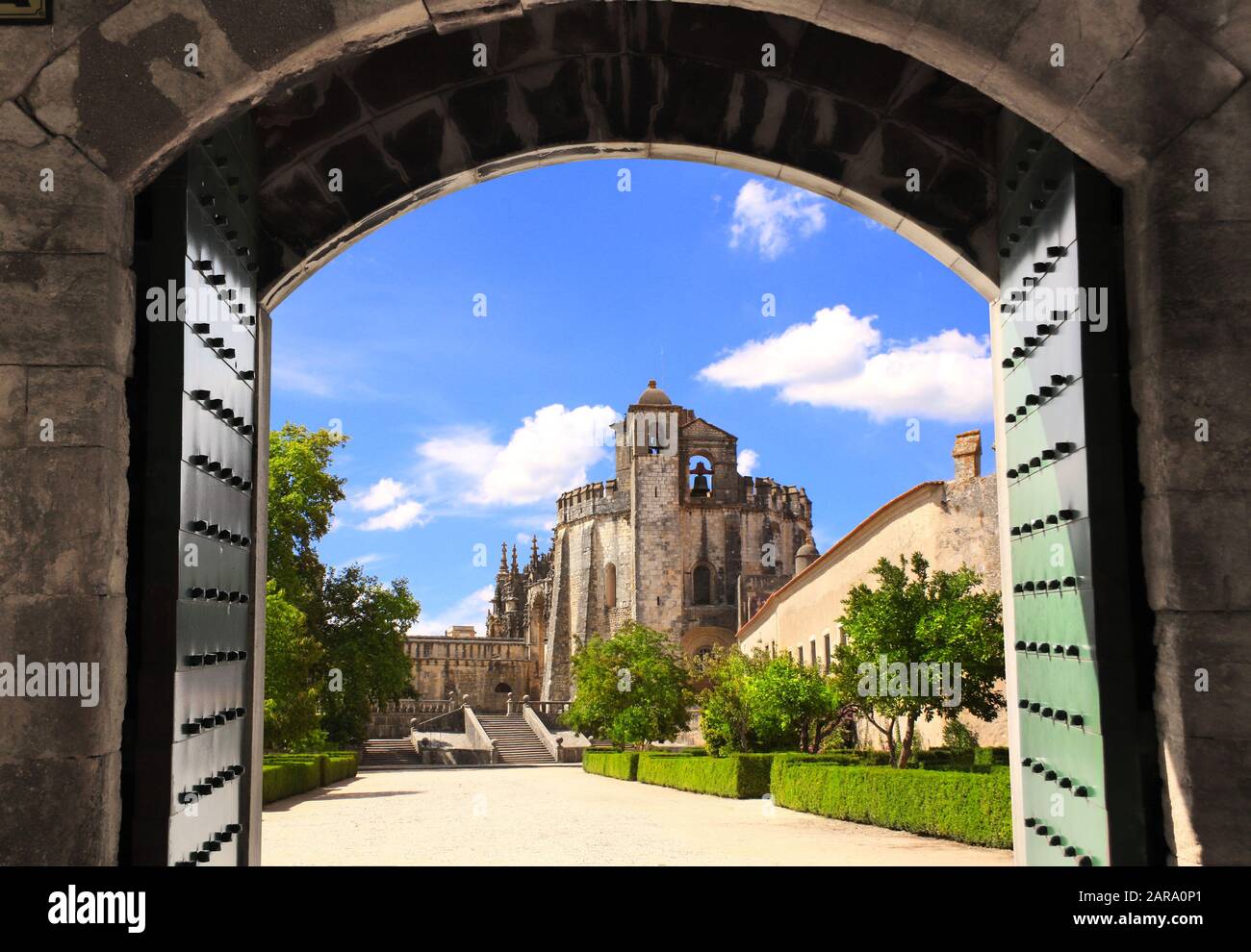View through the old gate on Templar Convent of Christ in Tomar ...