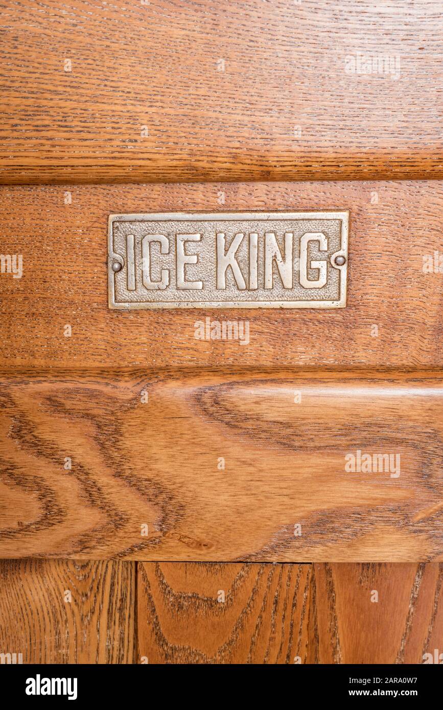 Name plate on an antique Ice King ice box. Stock Photo