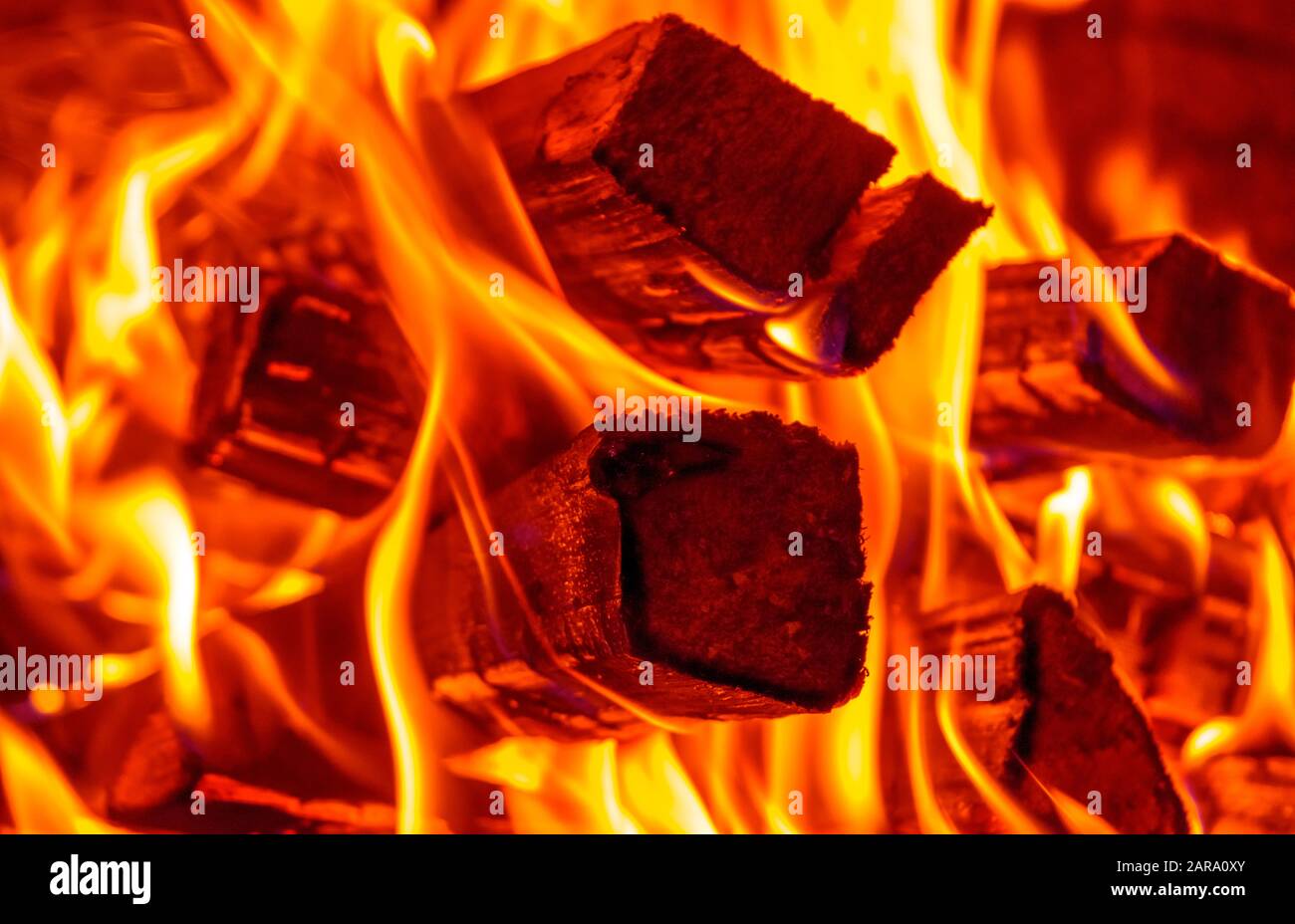 Burning firewood in the fireplace close up. BBQ fire. Charcoal