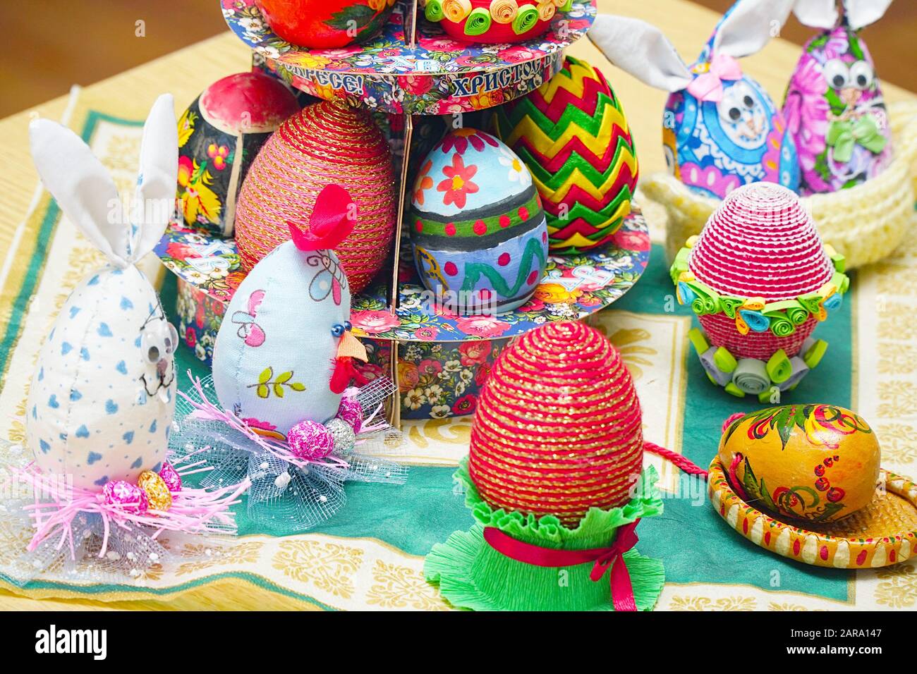 Beautiful Multicolored Easter eggs decorated by hand Stock Photo