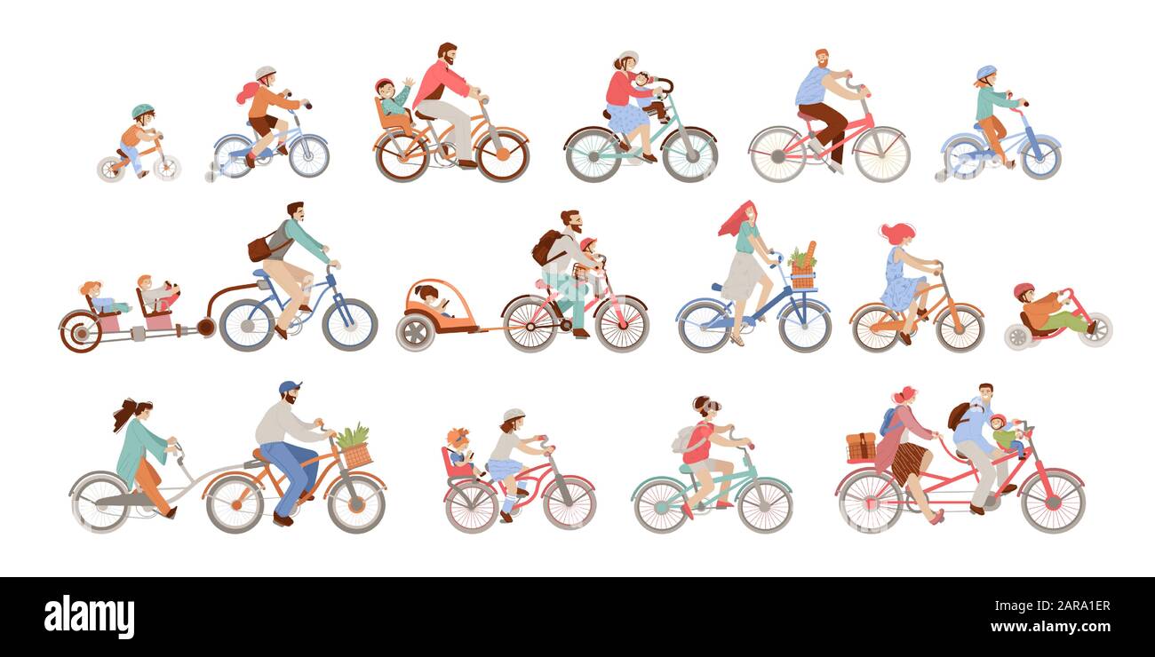 Set of man, women and children riding bicycles of different types - city, bmx, hybrid, chopper, cruiser, fixed gear, balance bike, co-pilot trailer Stock Vector