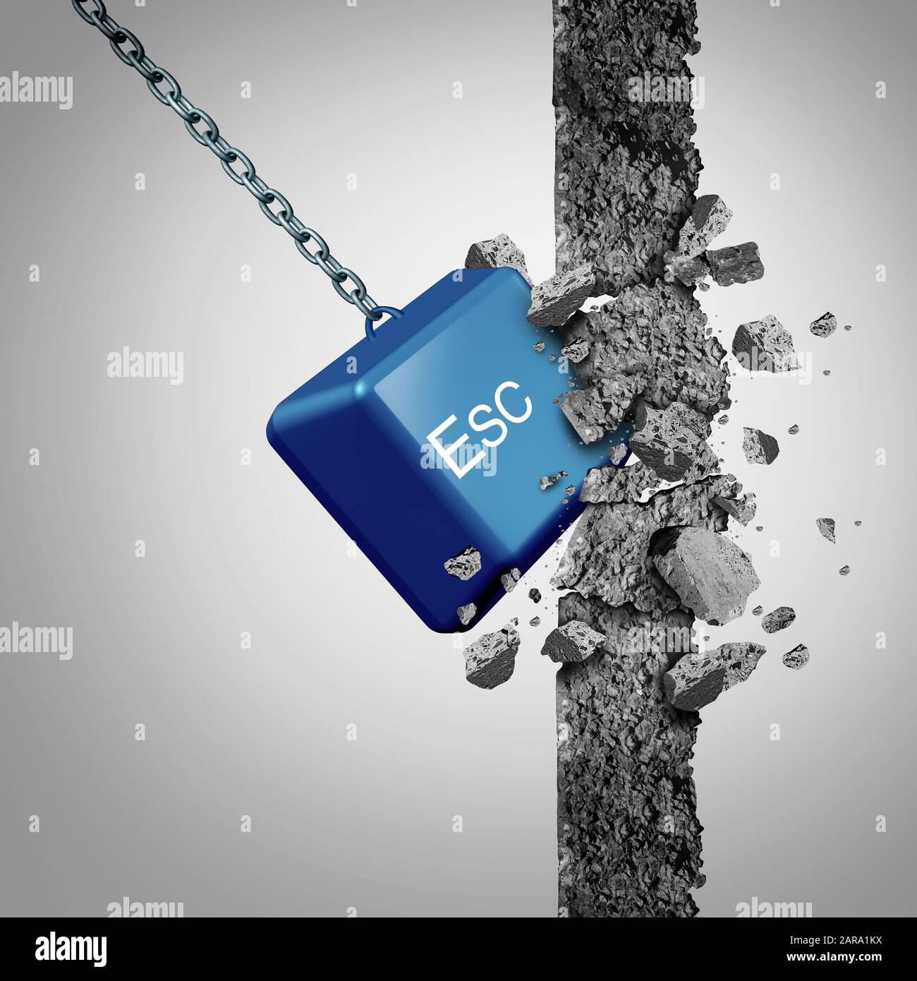 Escape business concept as an Esc computer key button breaking through an obstacle with 3D illustration elements. Stock Photo