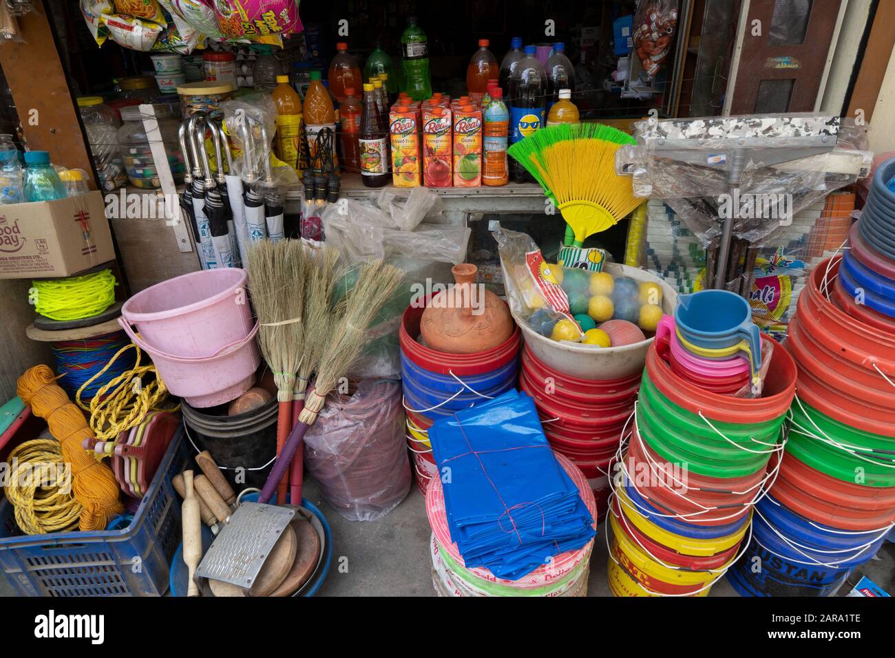 Colorful plastic buckets, Hardware Shop, Almora, Uttarakhand, India, Asia Stock Photo