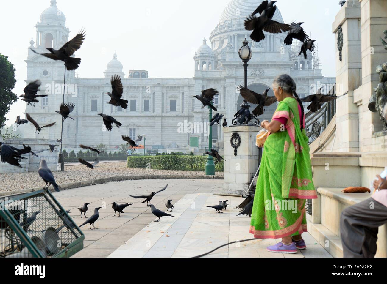 Woman feeding crows, Victoria Memorial, Kolkata, West Bengal, India