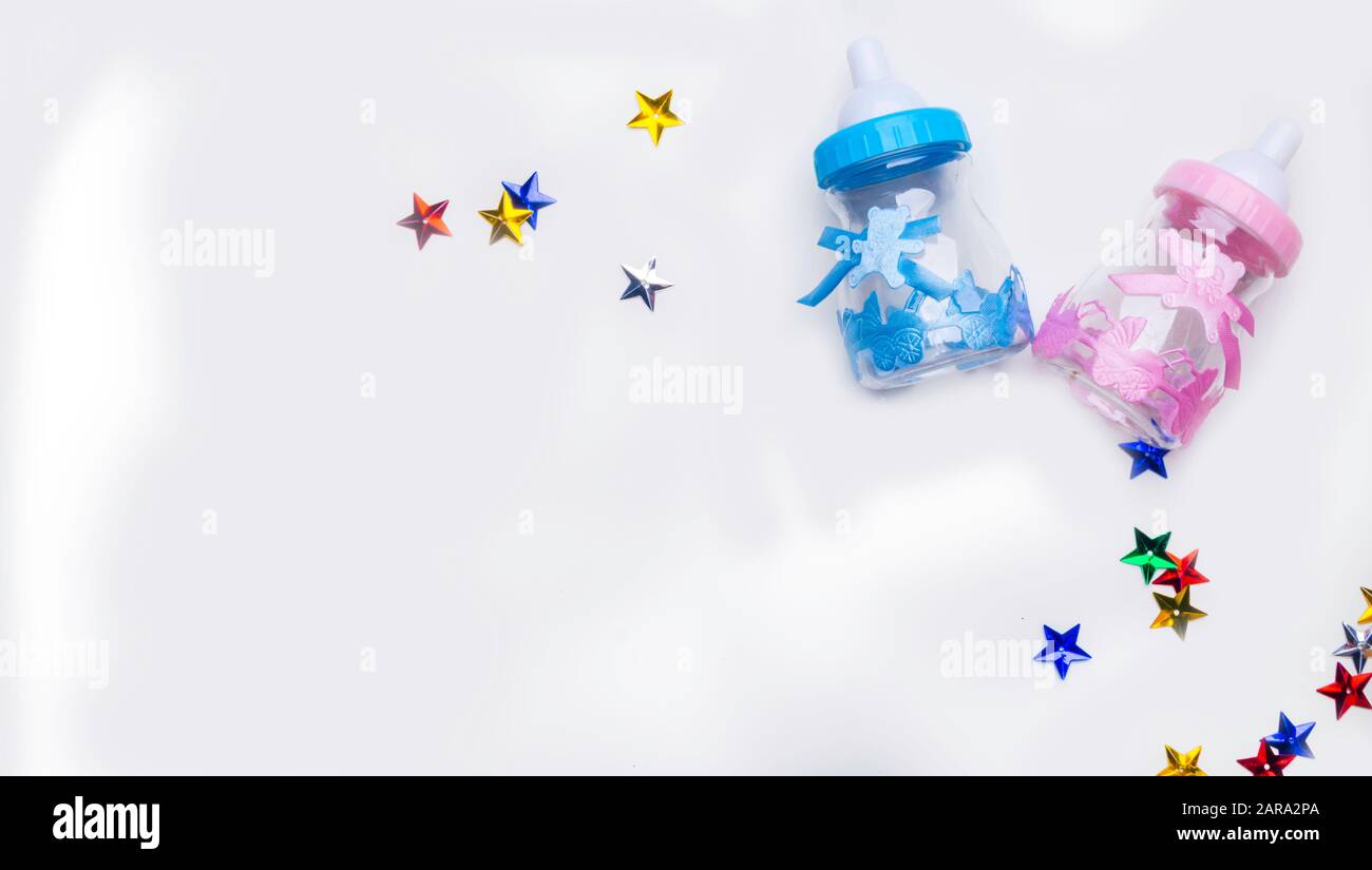 Download Is It A Boy Or A Girl Concept Blue And Pink Toy Bottles Isolated On White Twins Baby Shower Baby Announcement Flat Lay Stock Photo Alamy