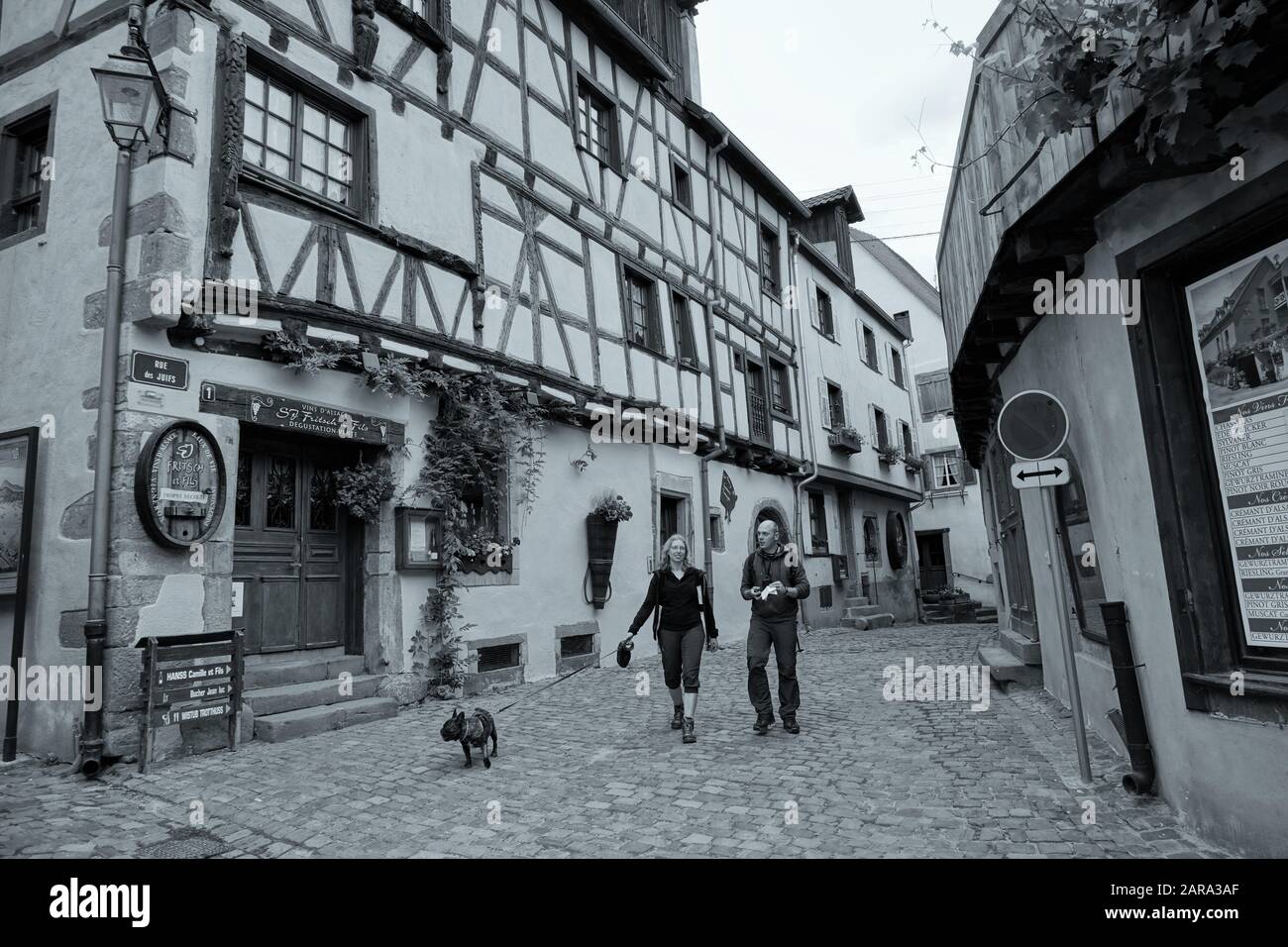 Couple walking dog, Cobbled Street, Riquewihr, Alsace, France, Europe Stock Photo