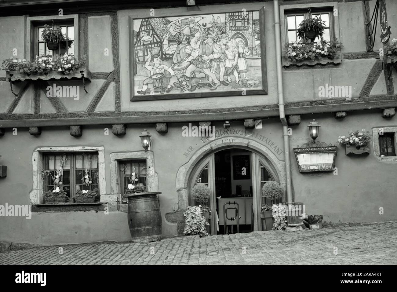 Bar, Restaurant, cobbled street, Riquewihr, Alsace, France, Europe Stock Photo
