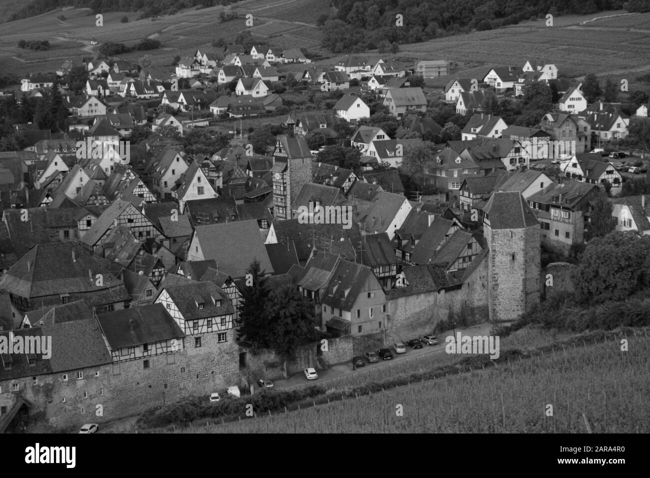 Aerial of small town, Old Houses, Riquewihr, Alsace, France, Europe Stock Photo
