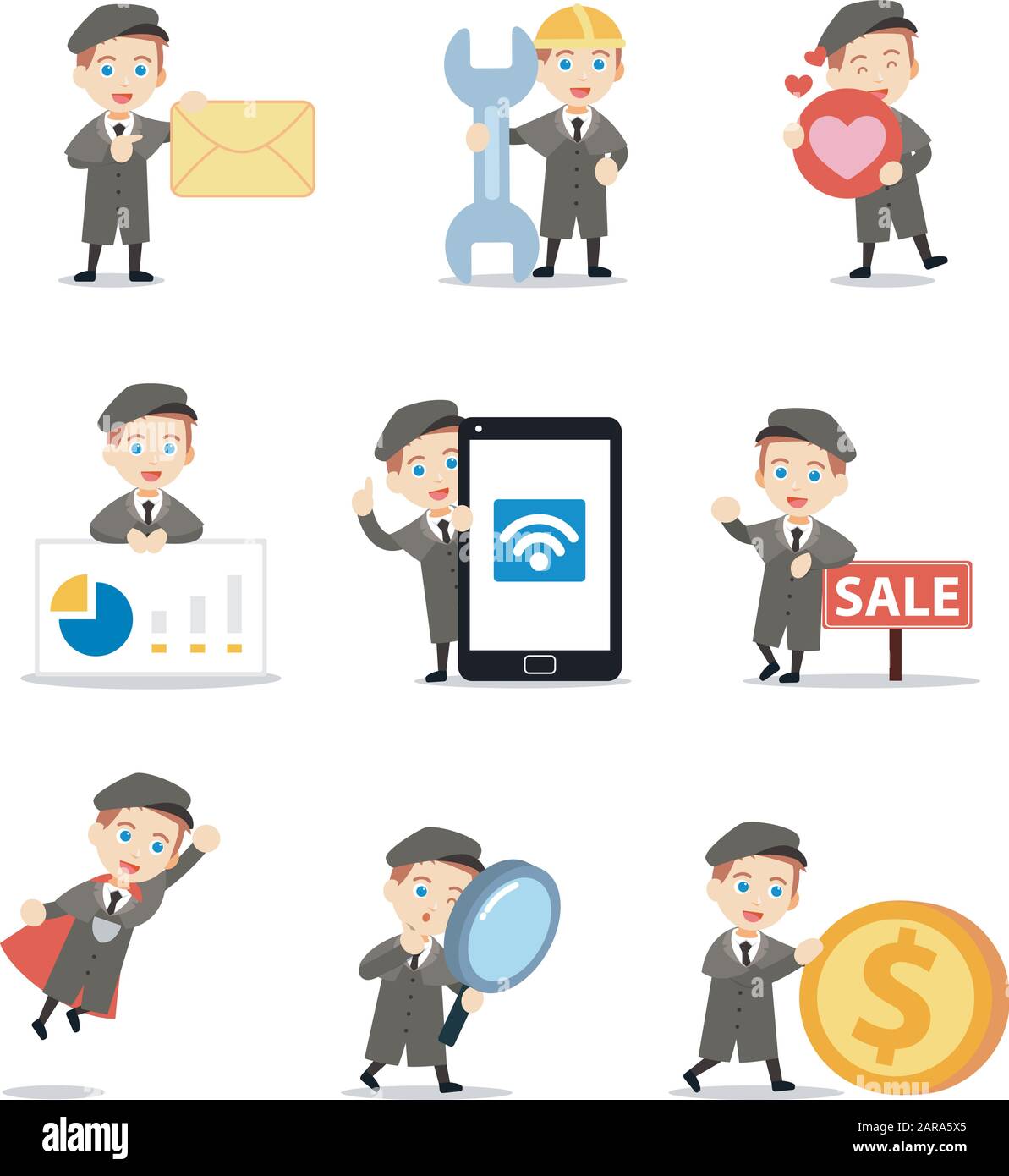 Set of character male investigator try to solving crime cases. Stock Vector