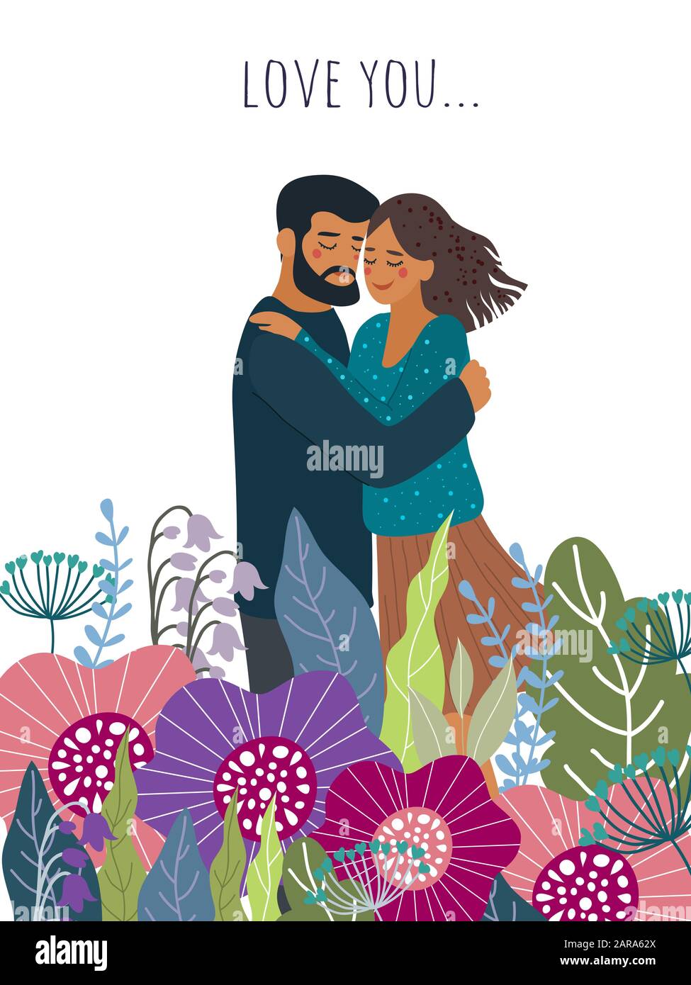 Hugging couple among the flowers . Cute flat valentines day vector ...