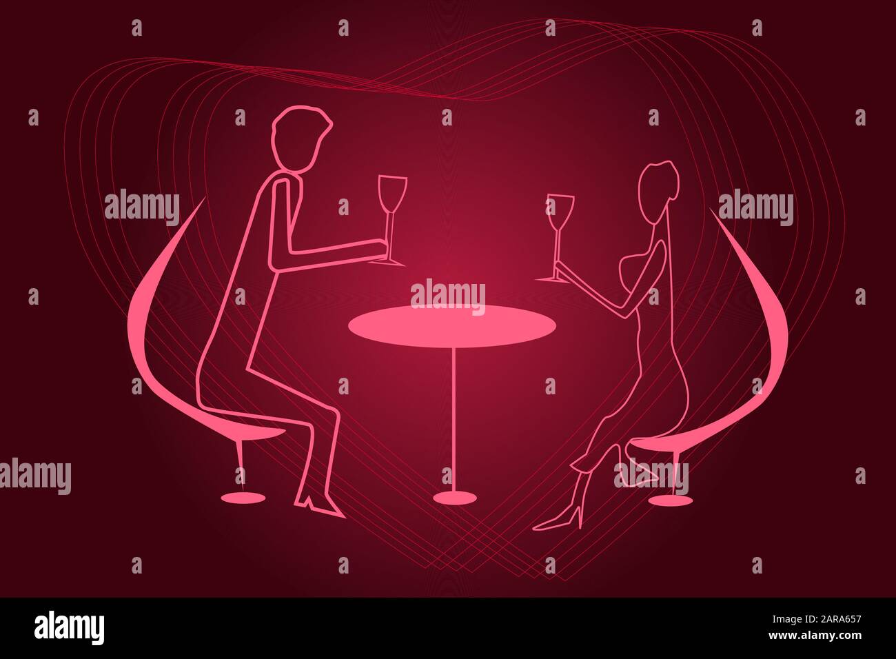 Couple having dinner in cafe. Romantic lunch with couple silhouette. Romantic Valentines day dinner or just a date on a red background. Stock vector Stock Vector