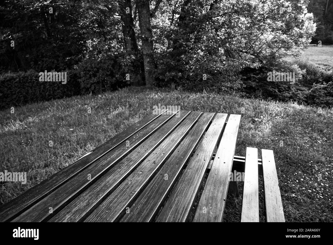 Wooden garden bench Black and White Stock Photos & Images - Alamy