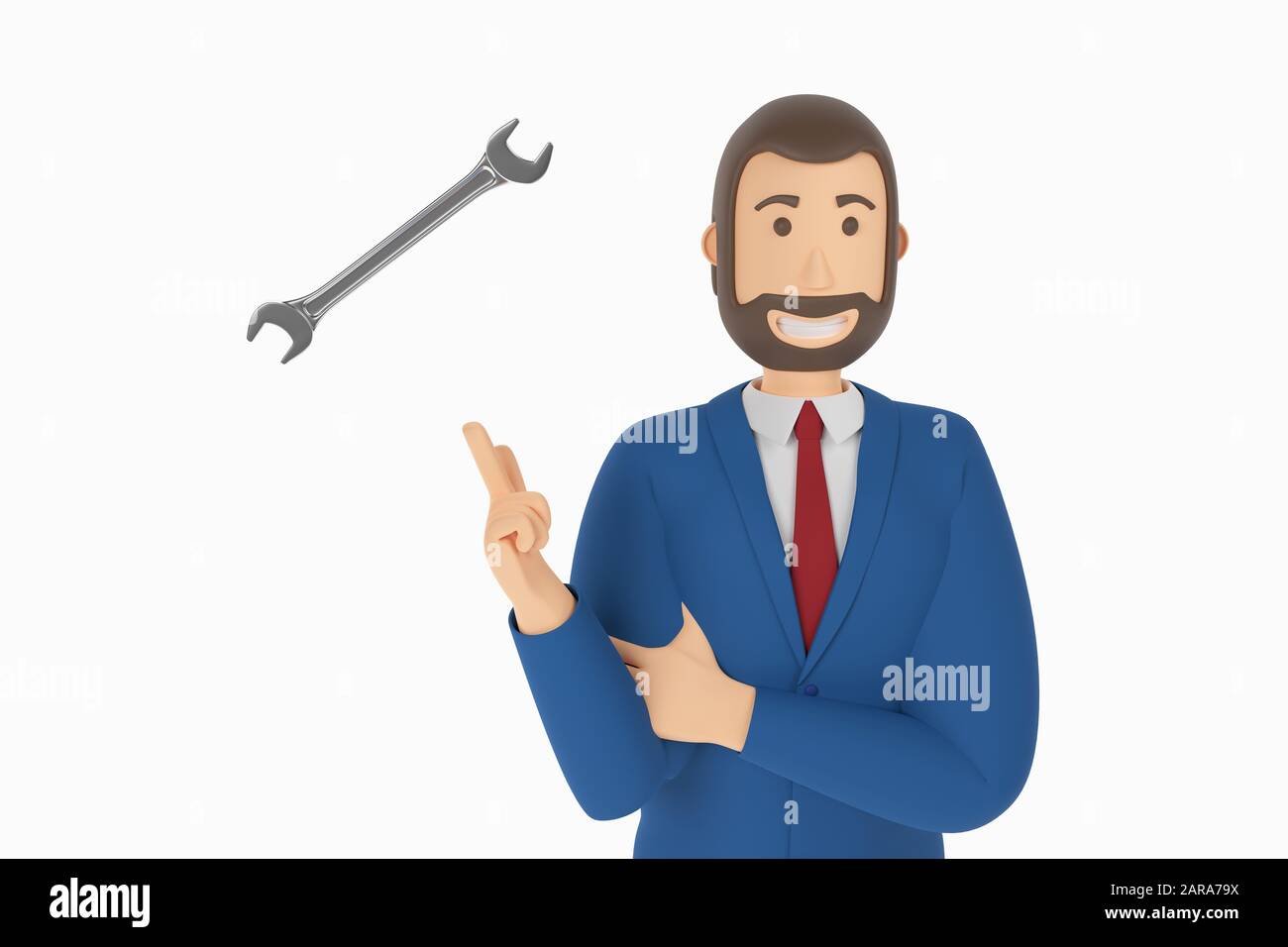 Cartoon character, businessman in suit with pointing finger at wrench. Concept icon with wrench, service. 3d rendering Stock Photo