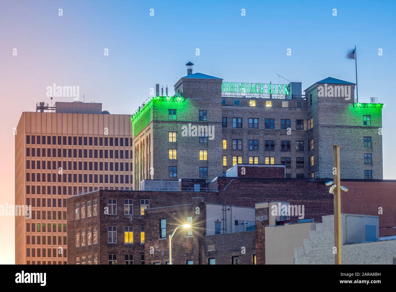 UTICA, NEW YORK - JAN 20. 2020 Closeup View of Adirondack Bank Tower at Sunset, Headquartered in downtown Utica. Stock Photo